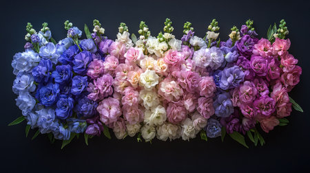 A flat lay of larkspur flowers forming a perfect floral ring, showcasing shades of purple, pink, and whiteの素材