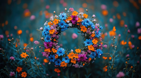 Close-up top view of a larkspur wreath with scattered buds around the ring, styled for natural eleganceの素材