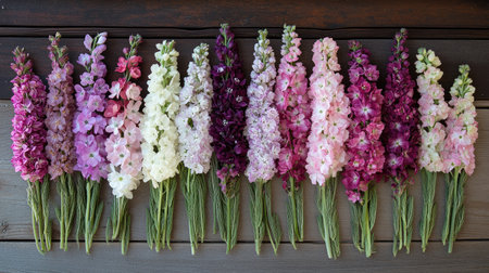 A flat lay of larkspur flowers forming a perfect floral ring, showcasing shades of purple, pink, and whiteの素材
