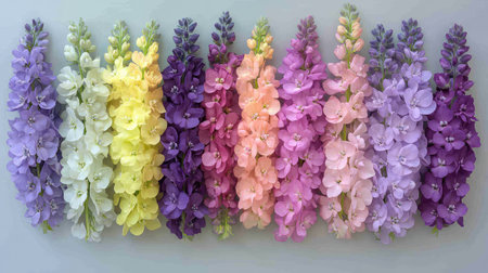 Larkspur flower circle with gradient colors from deep violet to light blush, arranged symmetricallyの素材