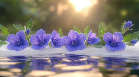 Delicate larkspur blossoms forming a circular garland on light-toned fabric, natural light enhancing the textureの素材