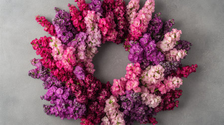 Balanced ring of larkspur blossoms with petals gently cascading outward on a matte backgroundの素材