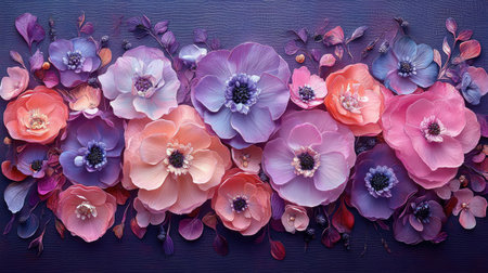 Larkspur flower circle with gradient colors from deep violet to light blush, arranged symmetricallyの素材