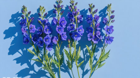 Blooming larkspur flowers arranged in a graceful wreath, casting soft shadows on a minimal backgroundの素材