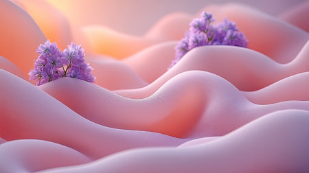 Ring-shaped bouquet of blooming larkspur flowers resting on pastel paper background with airy lightingの素材