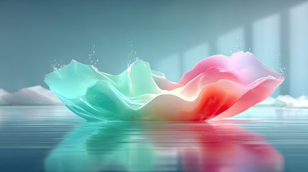 Vivid digital wave of gradient hues flowing like silk across a white minimalist backgroundの素材