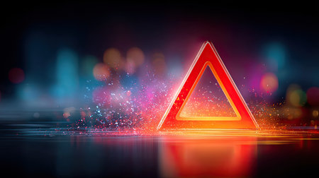 A glowing red warning symbol on a digital interface, surrounded by glitch effects and abstract code to represent cybersecurity riskの素材