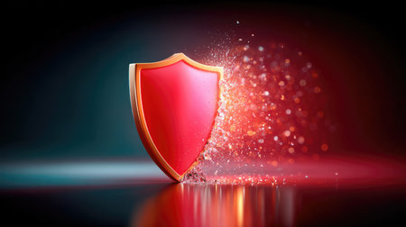 A cracked shield icon with glitching pixels and a red alert warning, representing compromised cyber protectionの素材