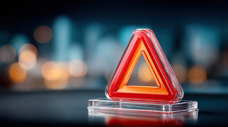 Abstract digital system UI showing a critical alert icon with overlapping firewall and malware visualsの素材