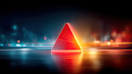 Cyber grid with a blinking triangle warning icon surrounded by digital interference effects, representing alert statusの素材
