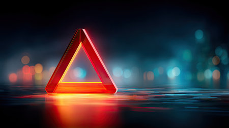 A glowing red warning symbol on a digital interface, surrounded by glitch effects and abstract code to represent cybersecurity riskの素材