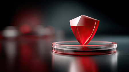 Abstract digital system UI showing a critical alert icon with overlapping firewall and malware visualsの素材