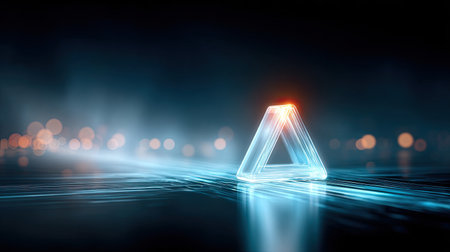 Abstract tech background with a glowing system alert symbol and flickering circuits representing digital threatsの素材