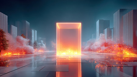 Glowing system error alert on a virtual screen surrounded by firewalls and code fragments under attackの素材