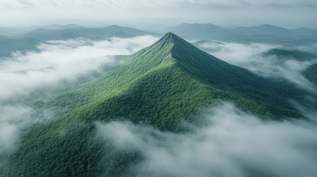 Serene green mountains rising above morning fog in layered high-angle compositionの素材