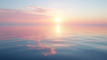 Overhead view of a delicate pastel sky mirrored in a still lake, sky barely distinguishable from its reflectionの素材