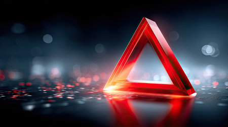 Red alert triangle glowing on a dark background filled with binary code and digital static, symbolizing a system breachの素材