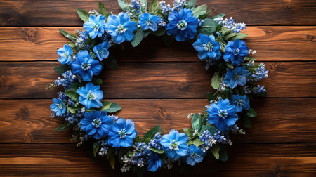 Delicate wreath of blooming larkspur resting on textured canvas with natural shadowsの素材