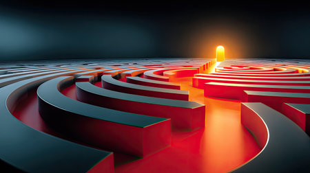 3D maze with glowing exit path and success icons, symbolizing navigating toward business targets and visionの素材