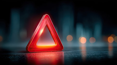 Red alert triangle glowing on a dark background filled with binary code and digital static, symbolizing a system breachの素材