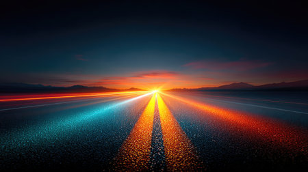 Road or pathway leading to a glowing horizon or digital flag, symbolizing a clear direction toward business goalsの素材