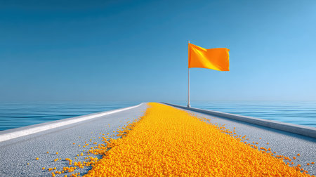 Road or pathway leading to a glowing horizon or digital flag, symbolizing a clear direction toward business goalsの素材