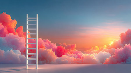 Abstract ladder rising into glowing clouds, conveying the pursuit and achievement of ambitious business goalsの素材