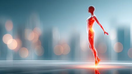 A glowing AI-powered medical scanner analyzing a digital human body with real-time health diagnosticsの素材