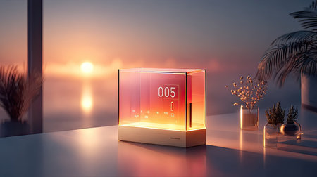 A futuristic AI-powered smart home hub controlling lights, temperature, and security with a sleek, glowing interfaceの素材