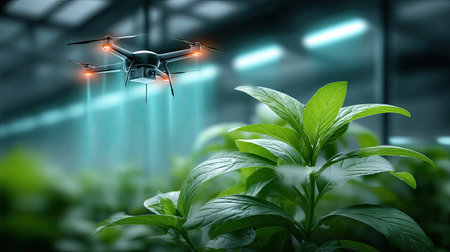 A futuristic AI-powered farm with autonomous drones monitoring crops, surrounded by digital growth analyticsの素材