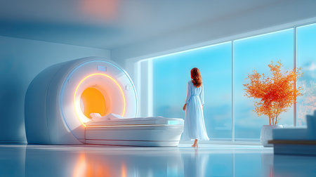 A glowing AI-powered medical scanner analyzing a digital human body with real-time health diagnosticsの素材