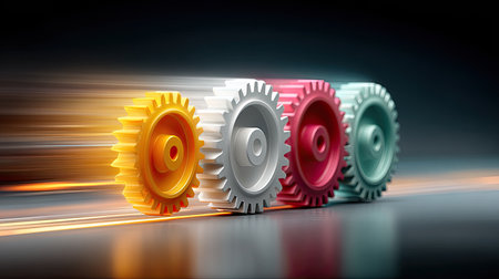 Abstract gears in vibrant motion with glowing lines, symbolizing synchronized teamwork in startup cultureの素材
