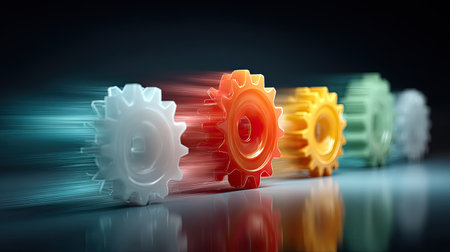Abstract gears in vibrant motion with glowing lines, symbolizing synchronized teamwork in startup cultureの素材