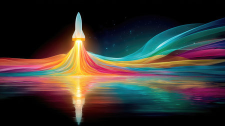 Abstract rocket launch powered by multiple colored streams, symbolizing team-driven progress and successの素材