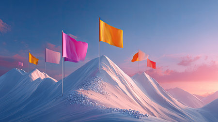 Abstract mountain peak with multiple flags reaching the summit, symbolizing team accomplishmentの素材