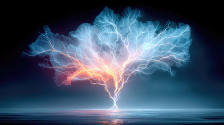 An abstract AI brain made of glowing blue circuits, floating in a dark void with digital connections branching out like lightningの素材