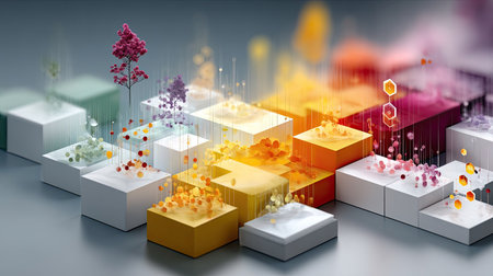 Abstract digital workspace with colorful floating icons representing startup planning, tools, and teamworkの素材