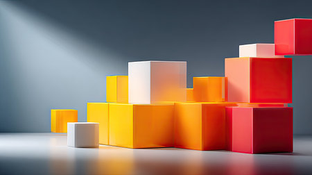 Bold upward arrow formed from dynamic blocks, symbolizing startup growth driven by team synergyの素材