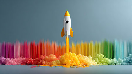 Abstract rocket launch powered by multiple colored streams, symbolizing team-driven progress and successの素材