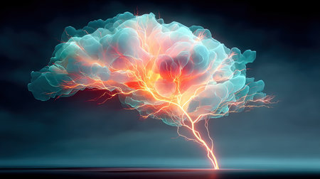 An abstract AI brain made of glowing blue circuits, floating in a dark void with digital connections branching out like lightningの素材