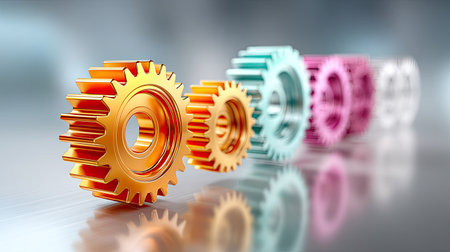 Colorful gears in synchronized motion on a bright background representing team unity and shared goalsの素材