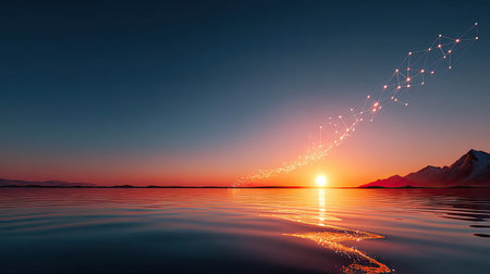 Digital trail of linked icons climbing toward a bright horizon, symbolizing the journey of team successの素材