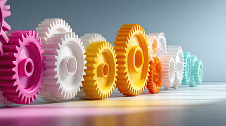 Colorful gears in synchronized motion on a bright background representing team unity and shared goalsの素材