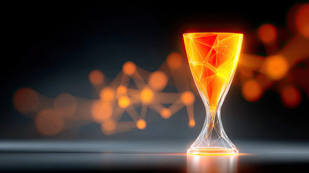 Glowing digital trophy surrounded by interconnected nodes, representing collective victoryの素材