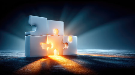 Puzzle pieces coming together to form a complete glowing target, symbolizing team synergy and successの素材