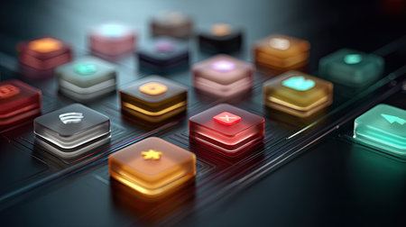 Neon-bright startup icons connected through digital lines, representing agile and creative team collaborationの素材