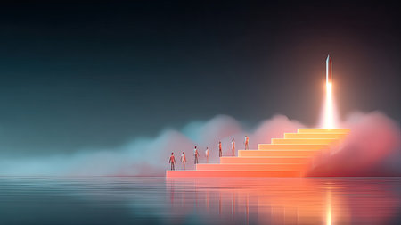 Light-based concept of startup pipeline, showing glowing steps from idea to launch with team synergyの素材