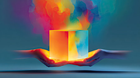 Symmetrical abstract hands lifting a glowing cube, representing support and shared successの素材