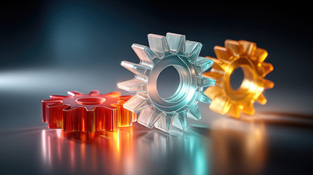 Abstract gears in vibrant motion with glowing lines, symbolizing synchronized teamwork in startup cultureの素材