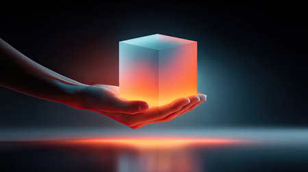 Symmetrical abstract hands lifting a glowing cube, representing support and shared successの素材